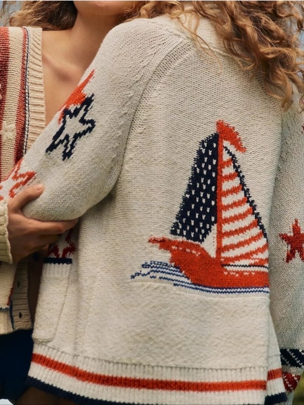 ANTHROPOLOGIE Maeve Sailboat And Stars Cardigan Cream Red Blue Grampacore NWT
